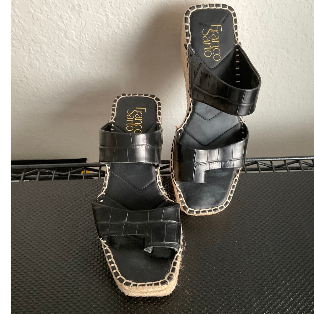 Franco Sarto Clave Black Croc Leather Espadrille Wedge Sandals Womens 7M - Picture 12 of 13